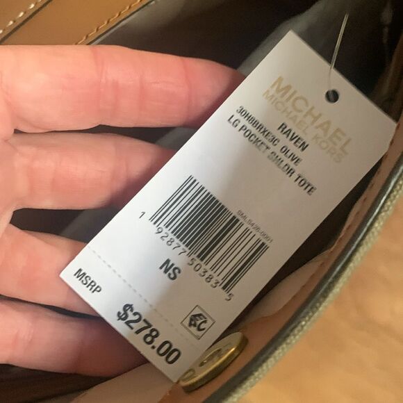 Michael Kors Raven olive green canvas tan leather satchel shoulder bag NWT - Picture 8 of 12